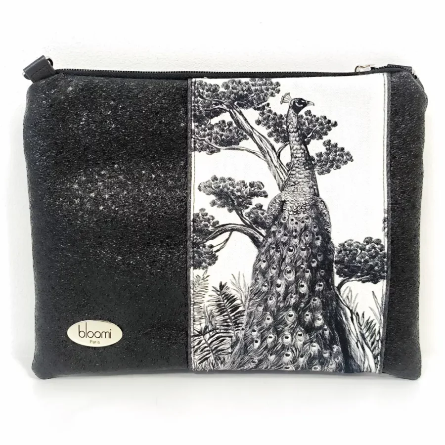 pochette-bandouliere-ipad-mini-cuir-vegan-noir-blanc-jungle-paon-et-arbre