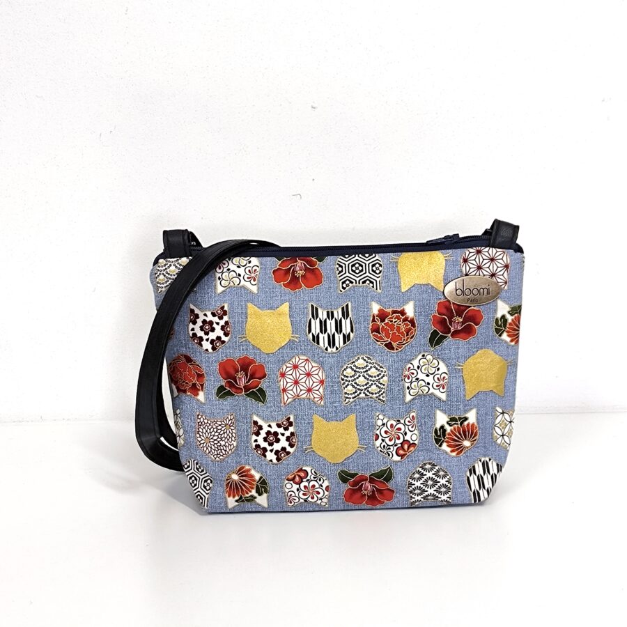 Petit sac bandoulière vegan avec Têtes de chats Bleu et Or – Image 2